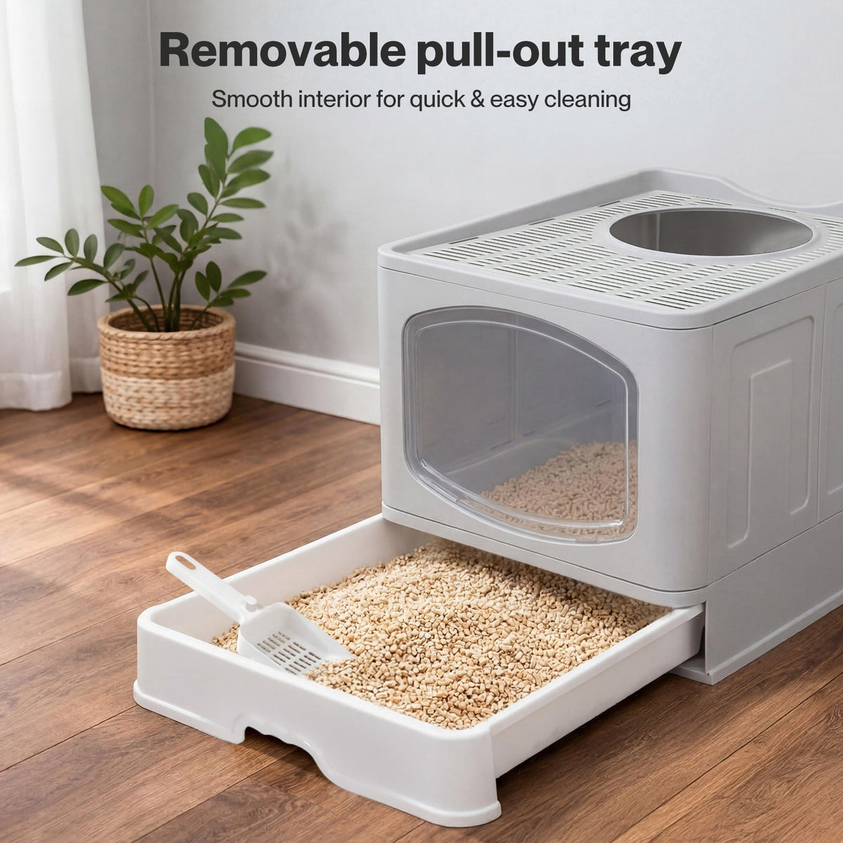 Foldable Top Exit Covered Cat Litter Box, Large Grey