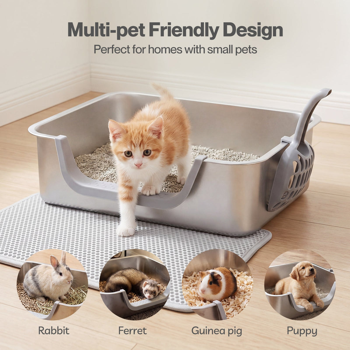 Low Entry Stainless Steel Cat Litter Box with Splash Guard