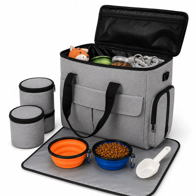 Pet Travel Bag Organizer - Collapsible Bowls, Sleeve