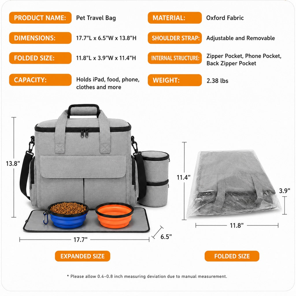 Pet Travel Bag Organizer - Collapsible Bowls, Sleeve
