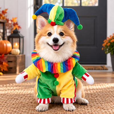 Jester Clown Dog Halloween Costume with Hat & Fake Arms