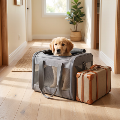 Carrier bag packed and ready in a home hallway