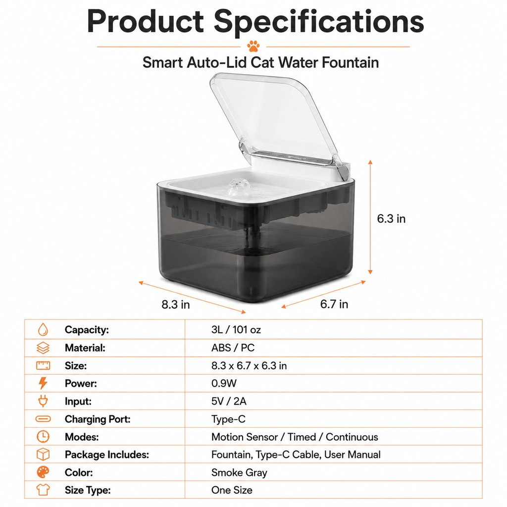 Smart Auto-Lid Cat Water Fountain 3L Cordless