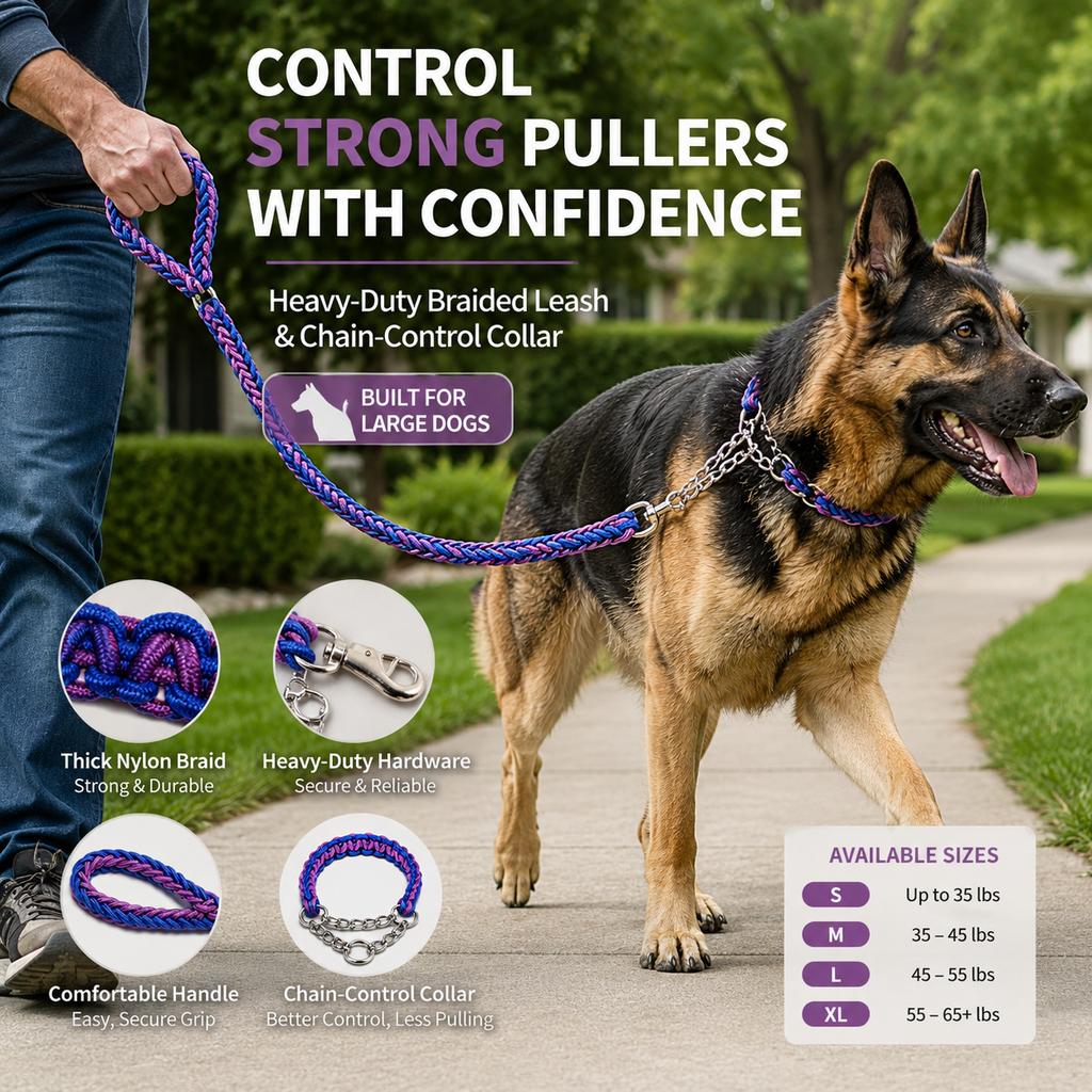 Heavy-Duty Braided Dog Leash with Chain-Control Collar