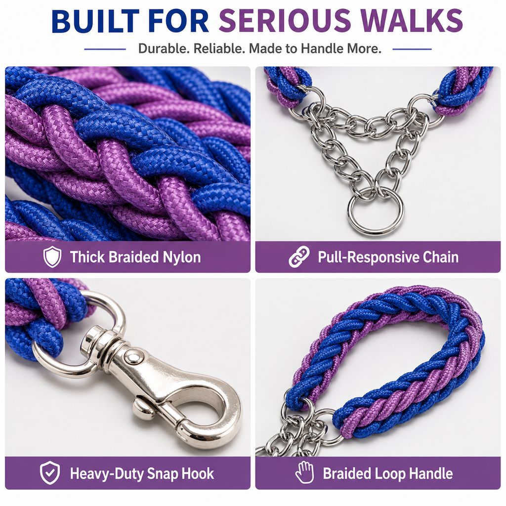 Heavy-Duty Braided Dog Leash with Chain-Control Collar