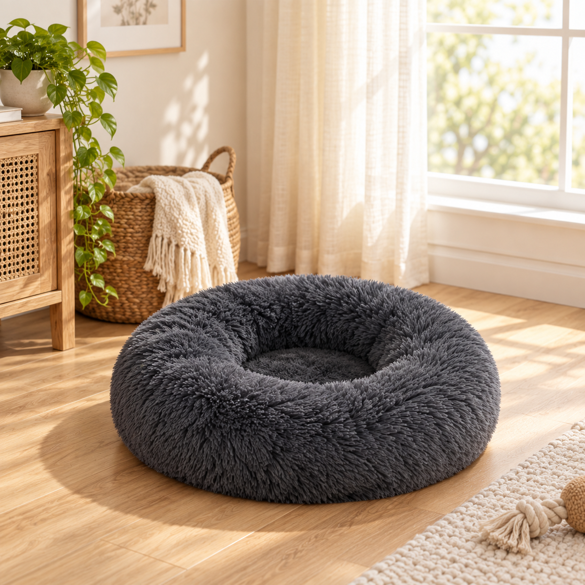 Leila Calming Plush Donut Dog Bed with Raised Rim for Cats and Dogs