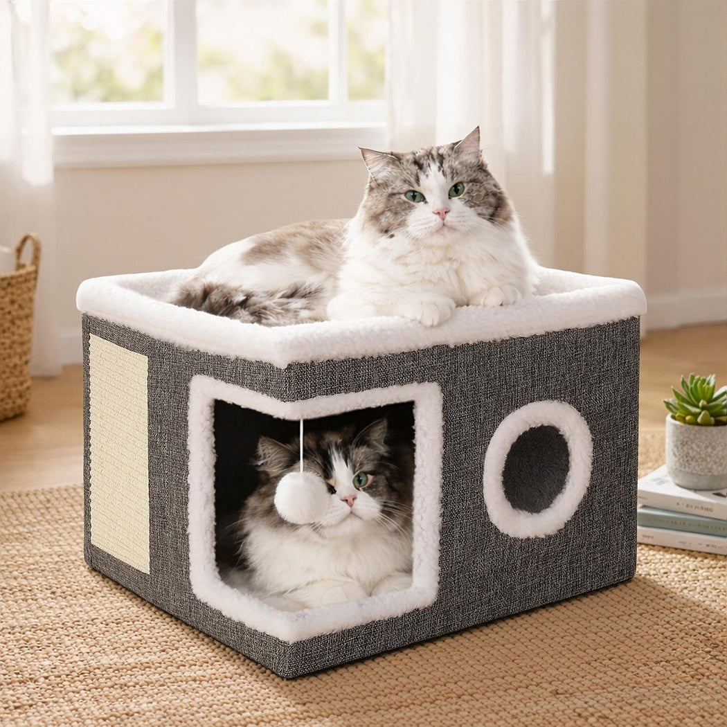 Large Foldable Cat House Bed with Scratcher and Cushion