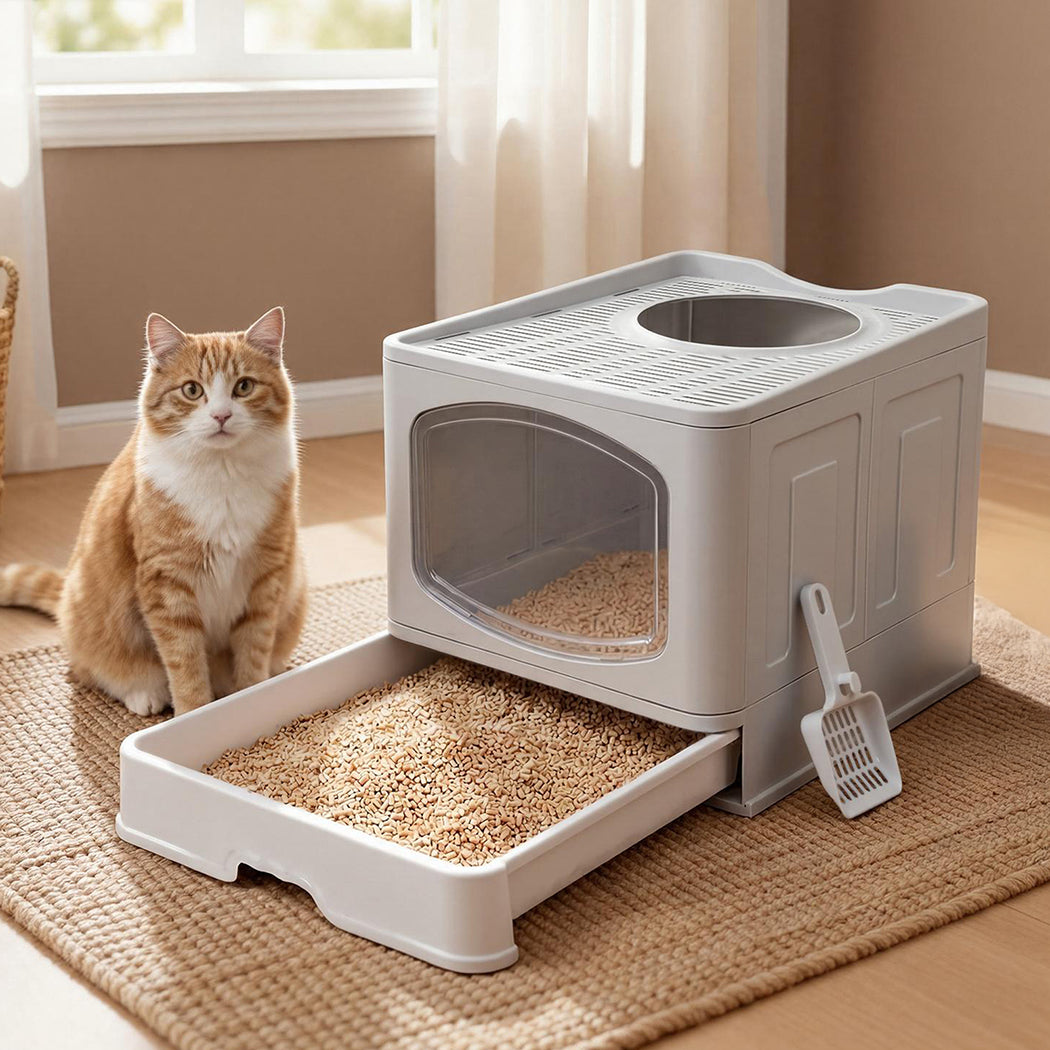 Foldable Top Exit Covered Cat Litter Box, Large Grey