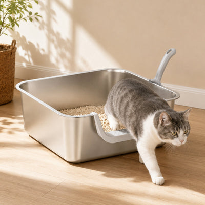 Low Entry Stainless Steel Cat Litter Box with Splash Guard