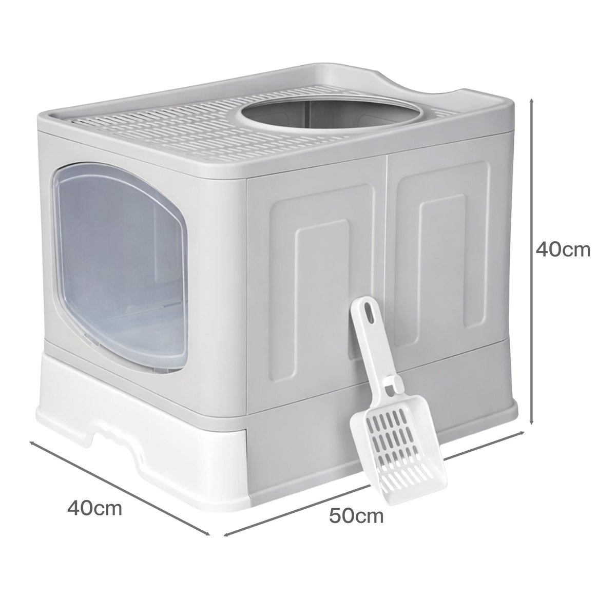 Foldable Top Exit Covered Cat Litter Box, Large Grey