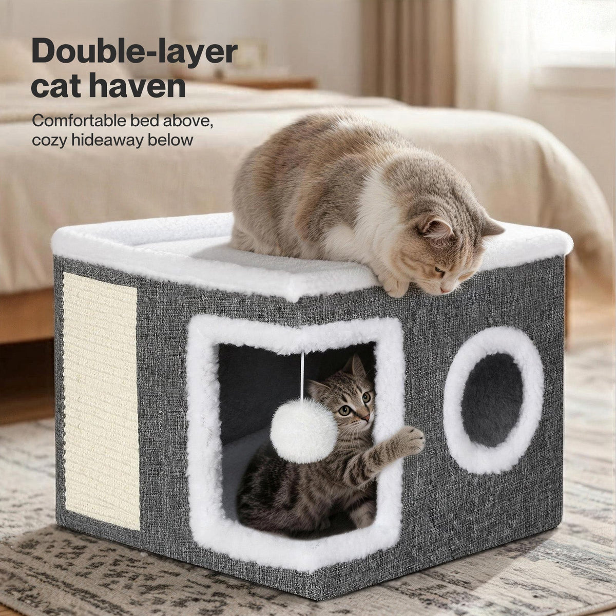 Large Foldable Cat House Bed with Scratcher and Cushion