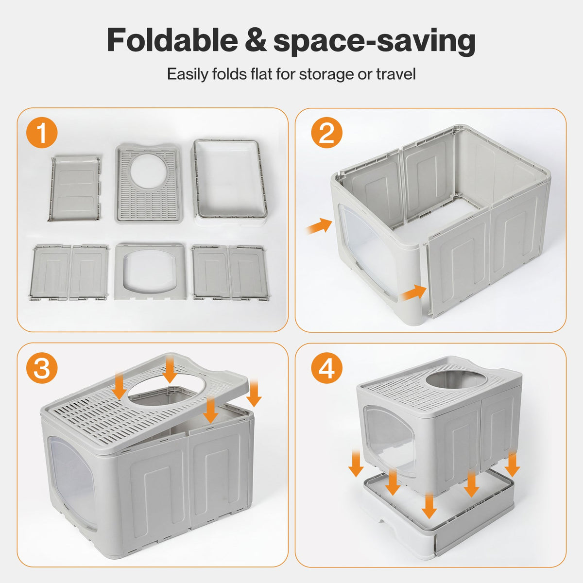 Foldable Top Exit Covered Cat Litter Box, Large Grey