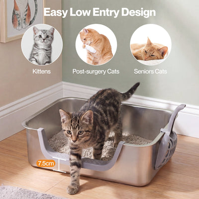 Low Entry Stainless Steel Cat Litter Box with Splash Guard
