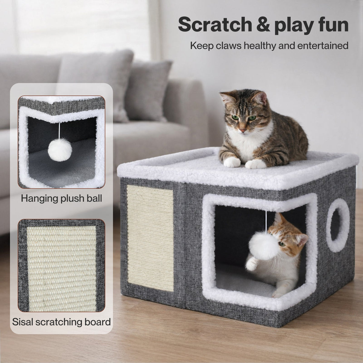 Large Foldable Cat House Bed with Scratcher and Cushion