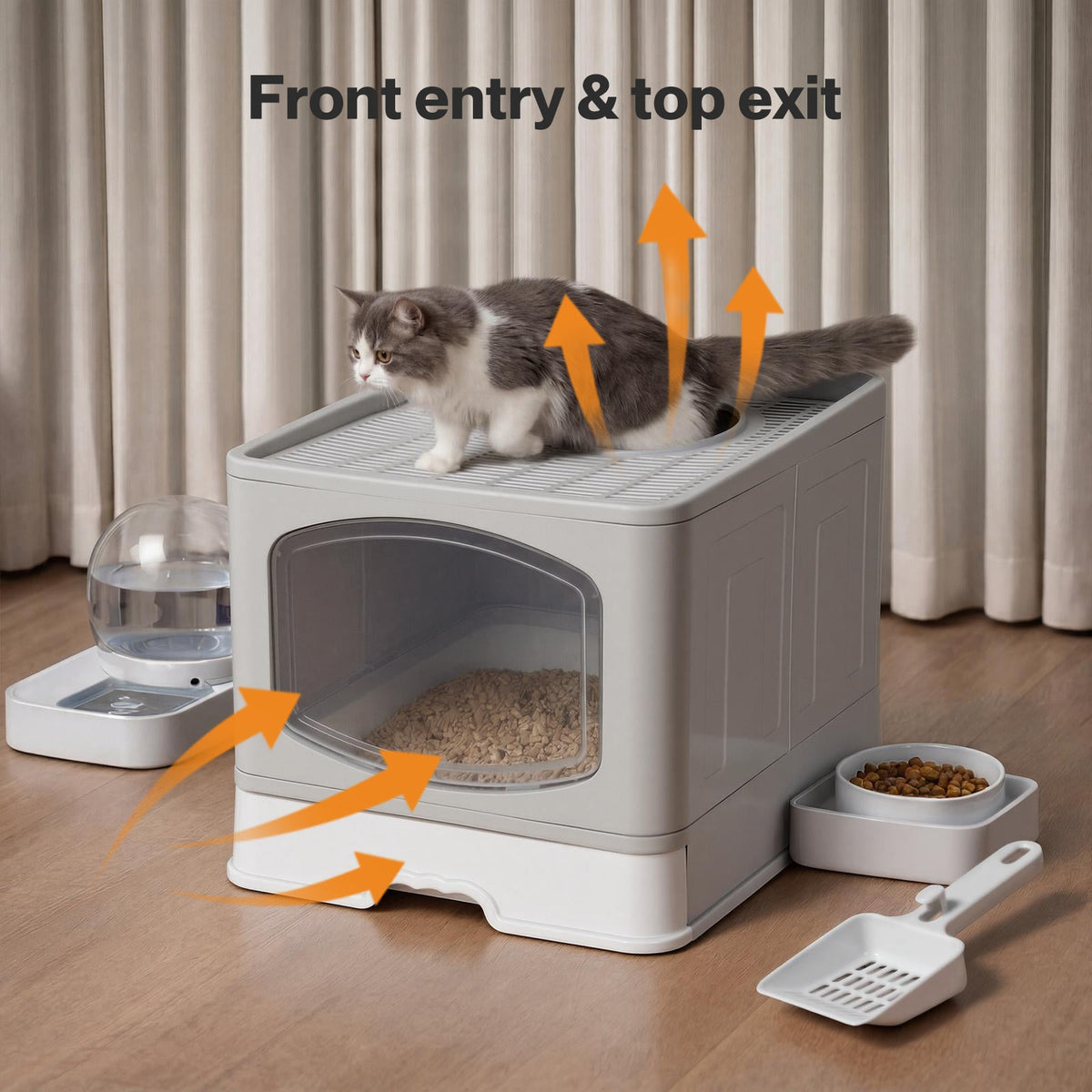 Foldable Top Exit Covered Cat Litter Box, Large Grey