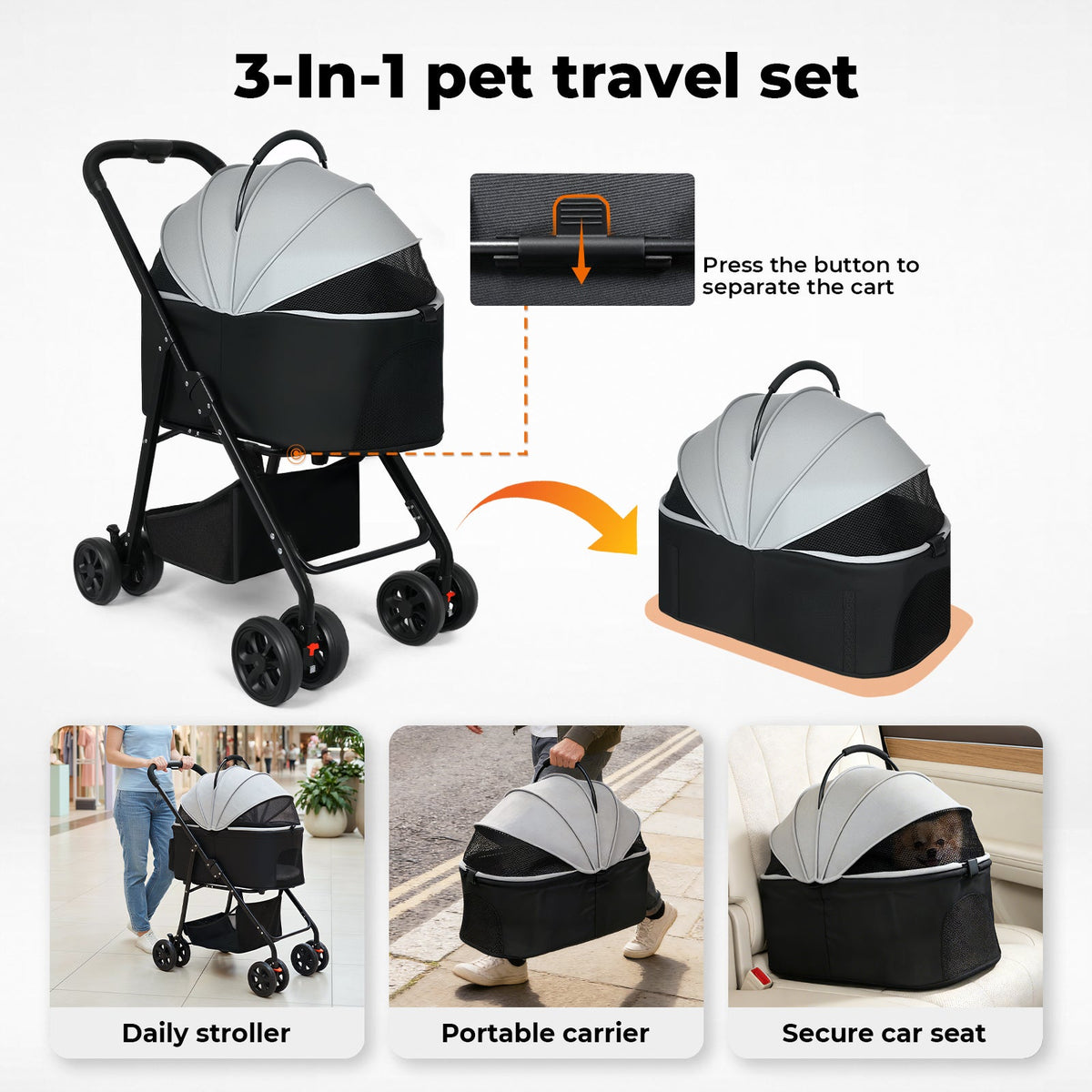 3-in-1 Dog and Cat Stroller with Car Seat and Carrier
