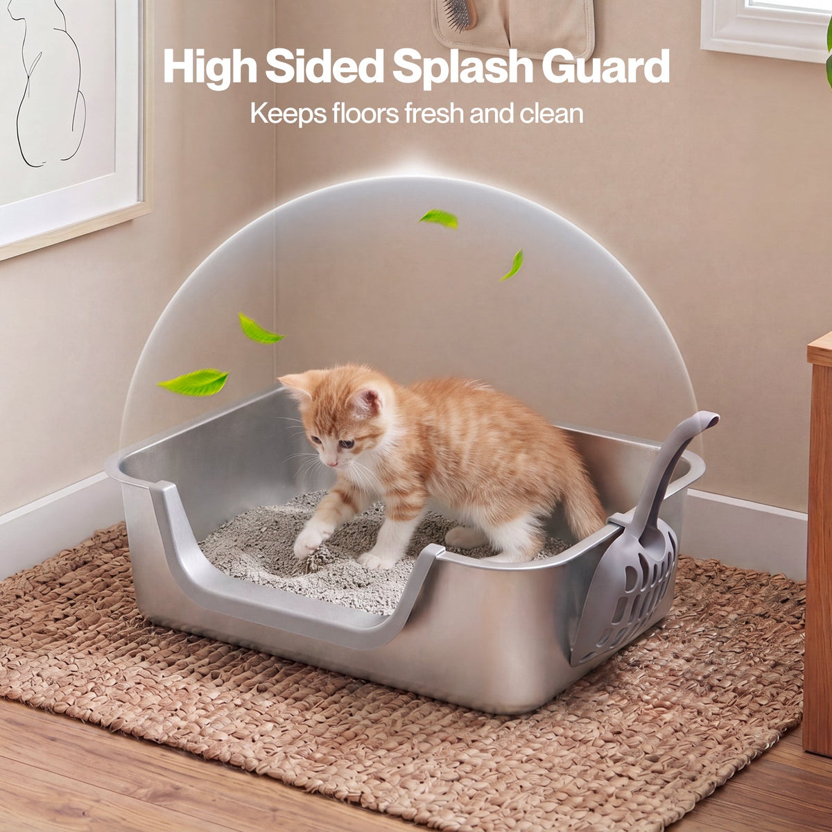 Low Entry Stainless Steel Cat Litter Box with Splash Guard
