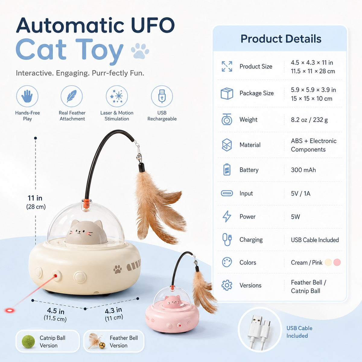 Automatic UFO Cat Toy with Laser, Feather and Catnip