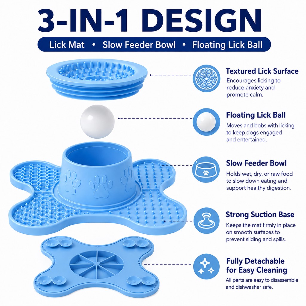 3-in-1 Dog Lick Mat & Slow Feeder Bowl for Bath Time