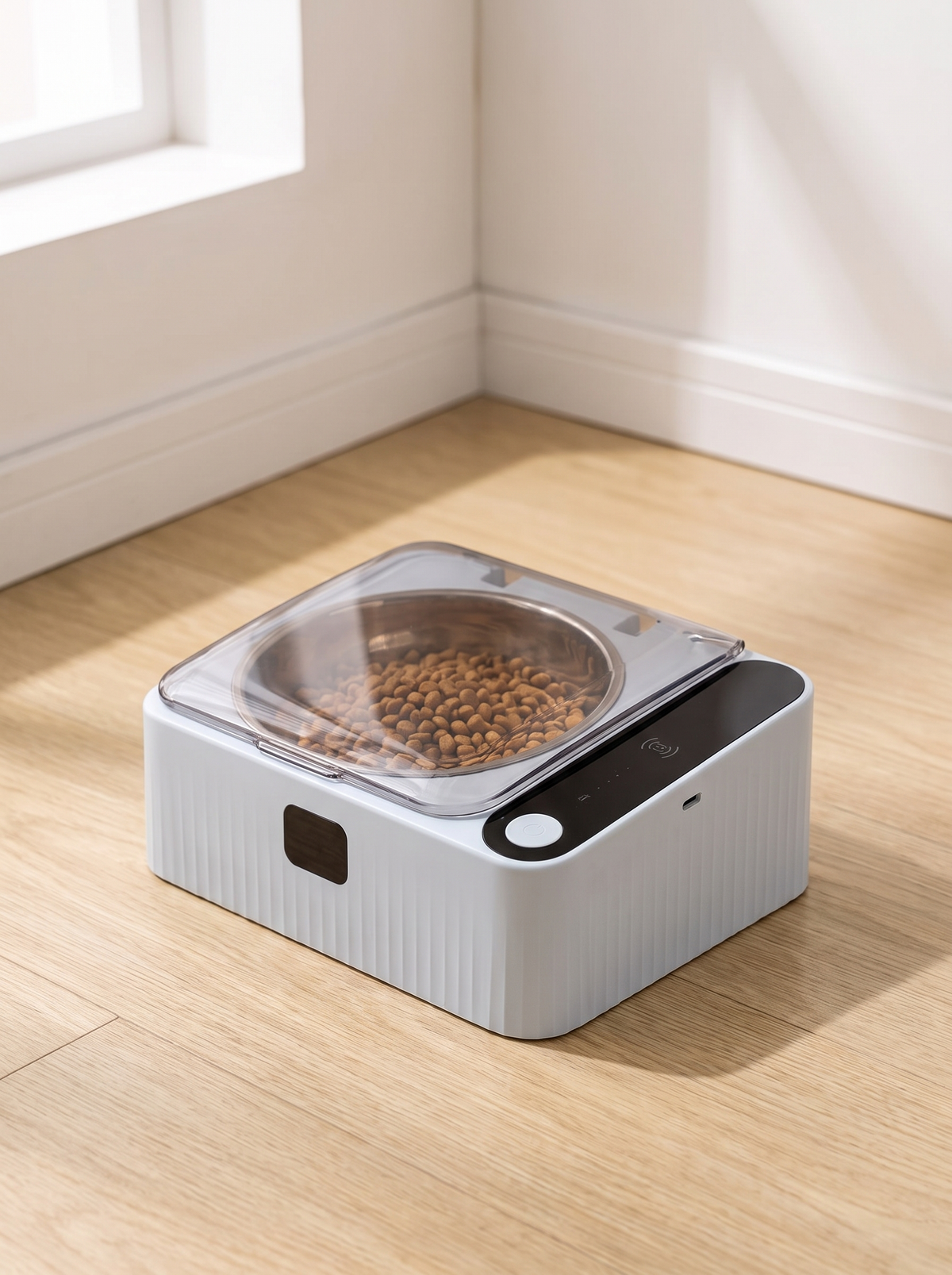 The covered cat bowl closed in a tidy kitchen corner
