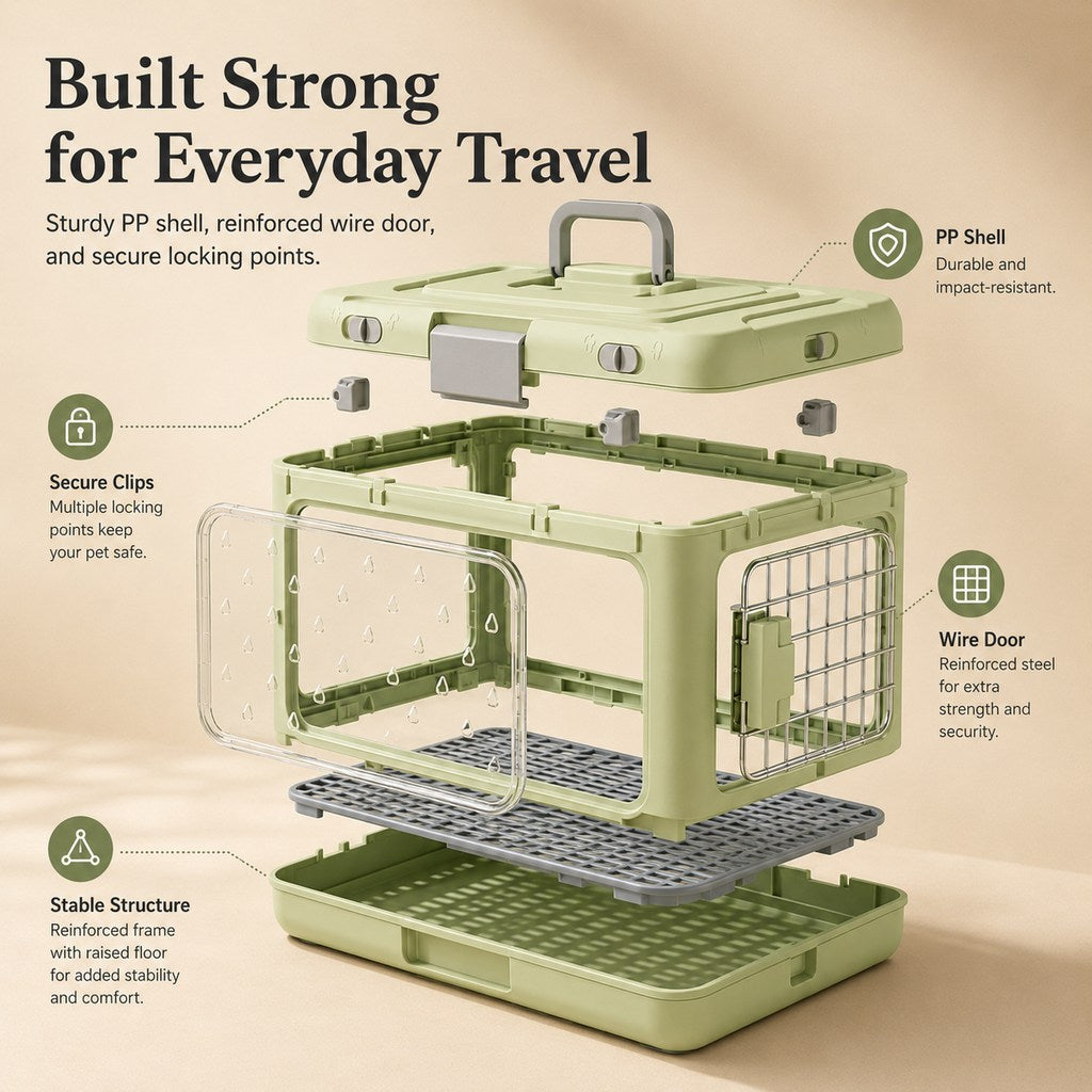 Collapsible Pet Travel Carrier - Foldable Hard-Sided Crate
