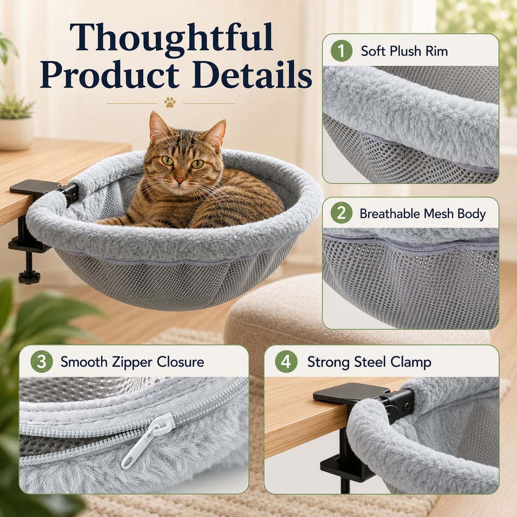 Desk-Mounted Clamp-On Cat Bed