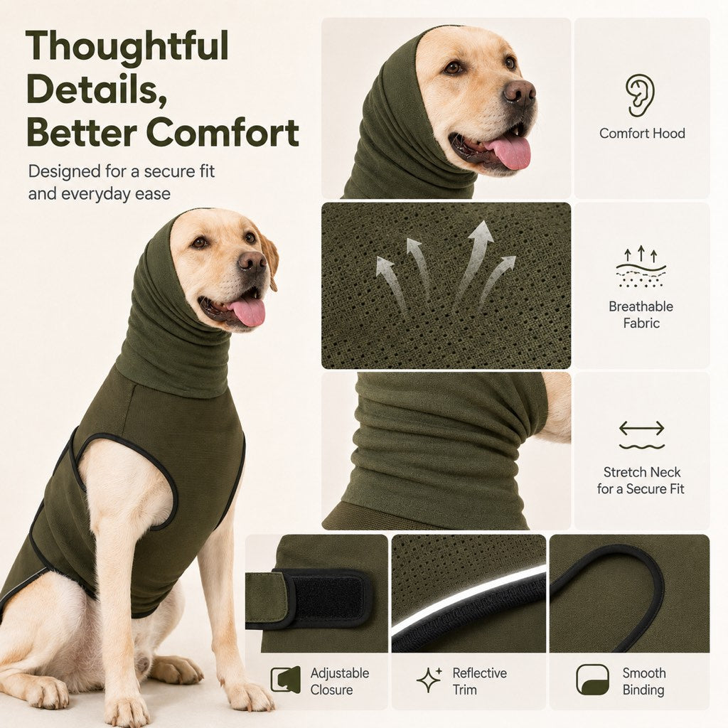 Dog Calming Shirt with Ear Hood for Fireworks & Storms