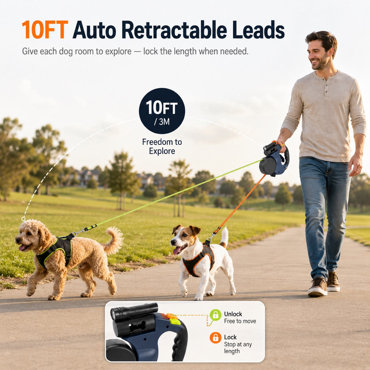 Dual Dog Leash, 360° Tangle-Free Retractable with LED