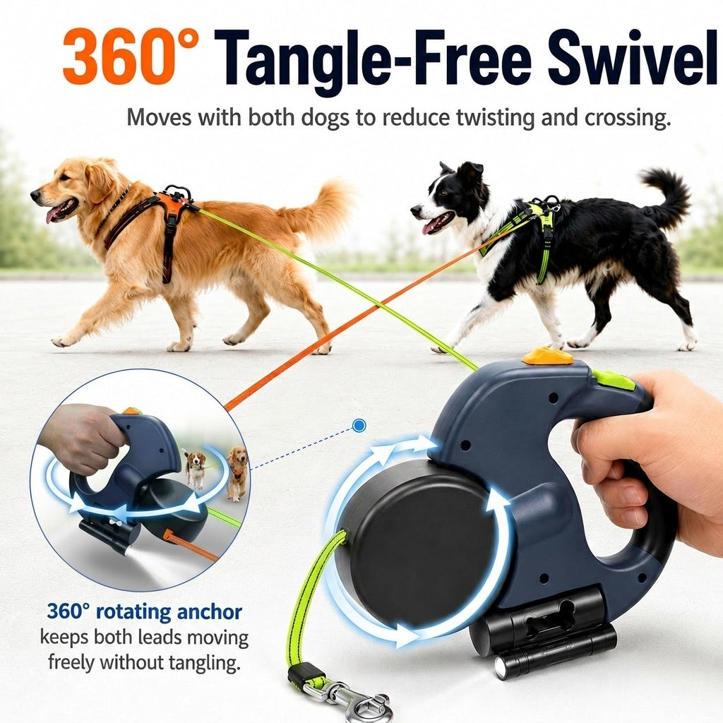 Dual Dog Leash, 360° Tangle-Free Retractable with LED