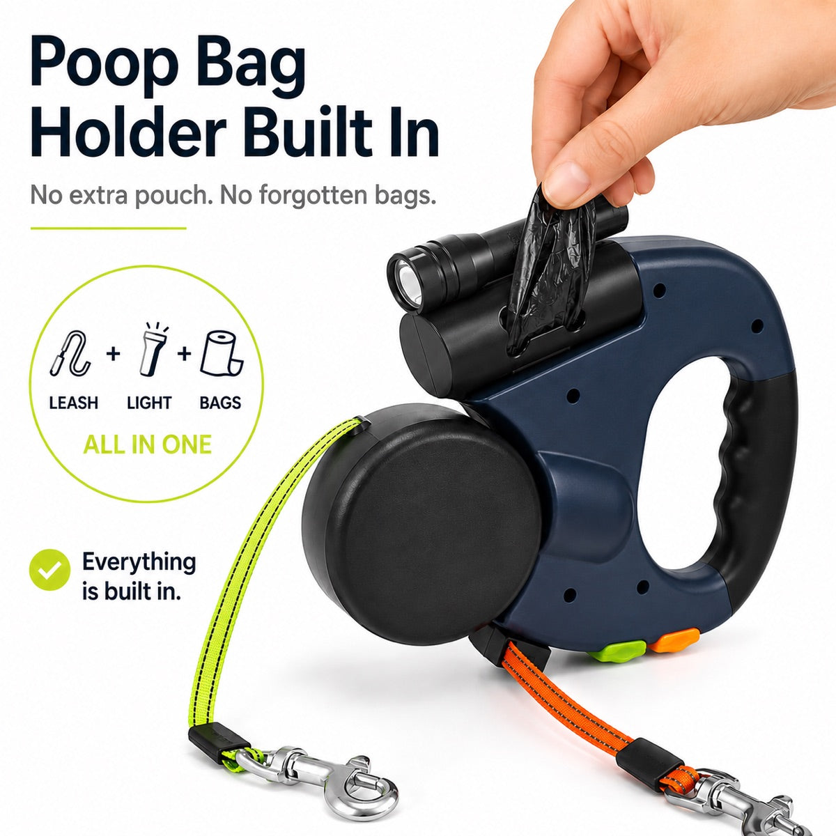 Dual Dog Leash, 360° Tangle-Free Retractable with LED