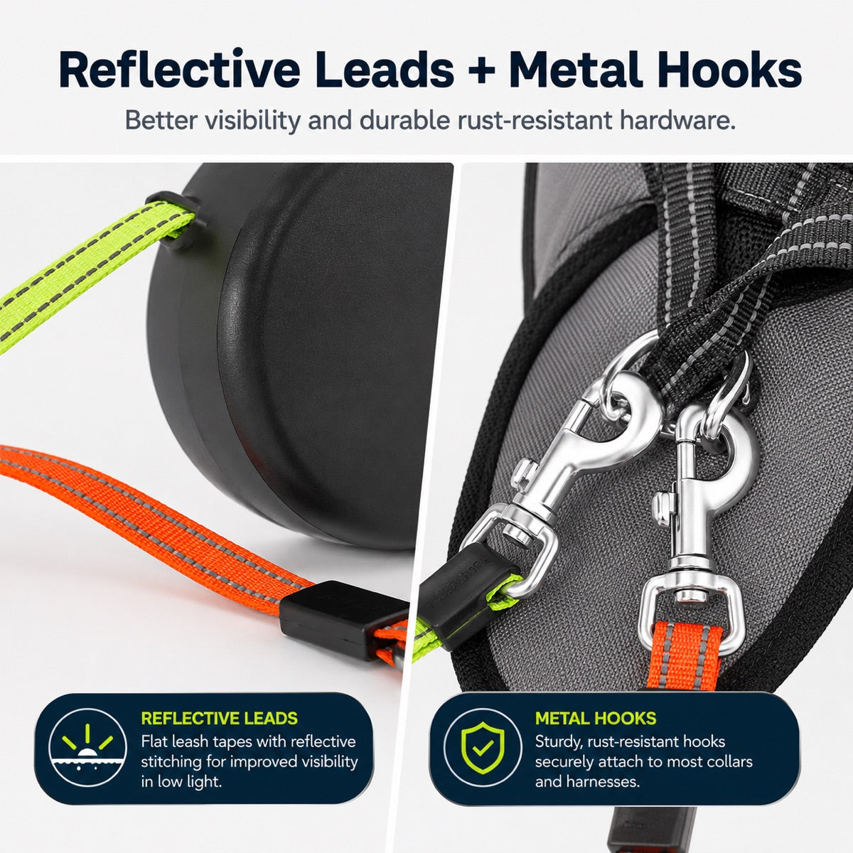 Dual Dog Leash, 360° Tangle-Free Retractable with LED