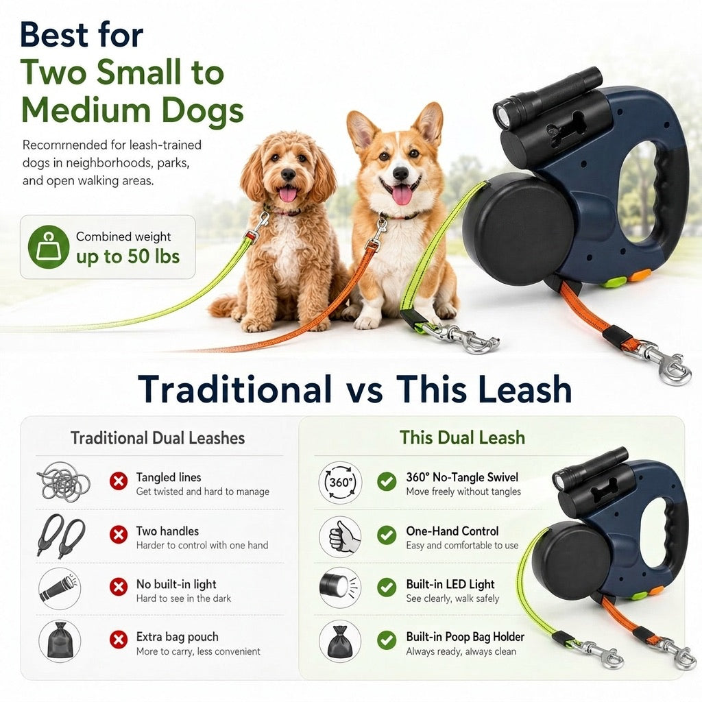 Dual Dog Leash, 360° Tangle-Free Retractable with LED