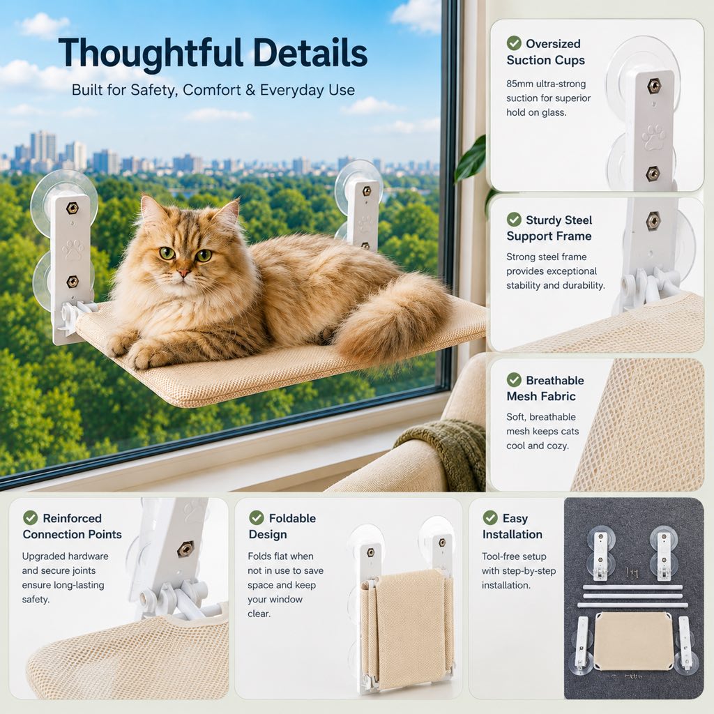 Foldable Cat Window Hammock with Suction Cup Mount