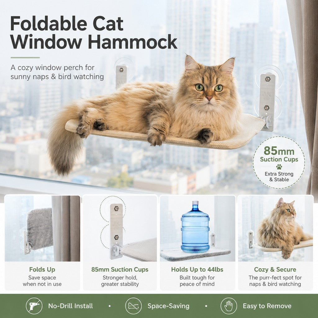Foldable Cat Window Hammock with Suction Cup Mount