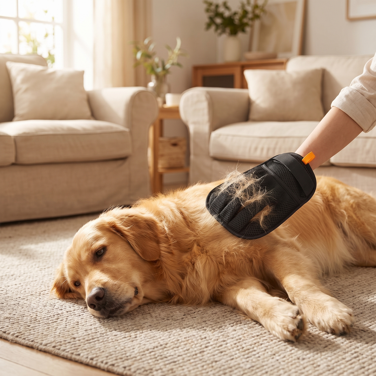 Grooming a dog with the silicone glove