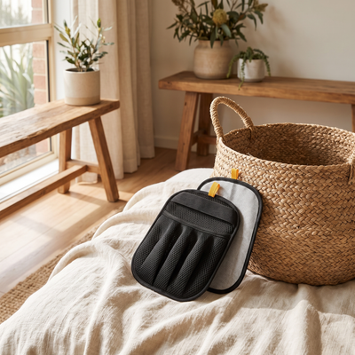 Pet grooming gloves in a warm home setting
