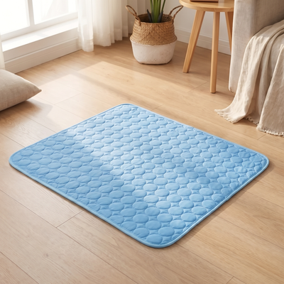 Cooling mat on timber floorboards in natural light