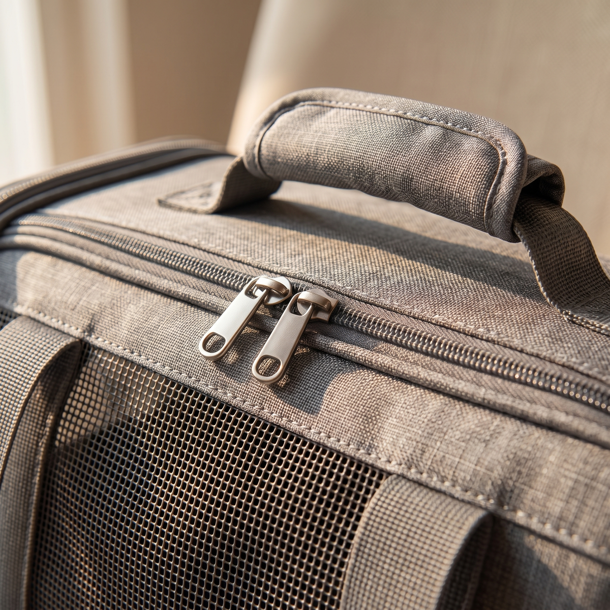 Close up of the mesh panel, zip and padded handle