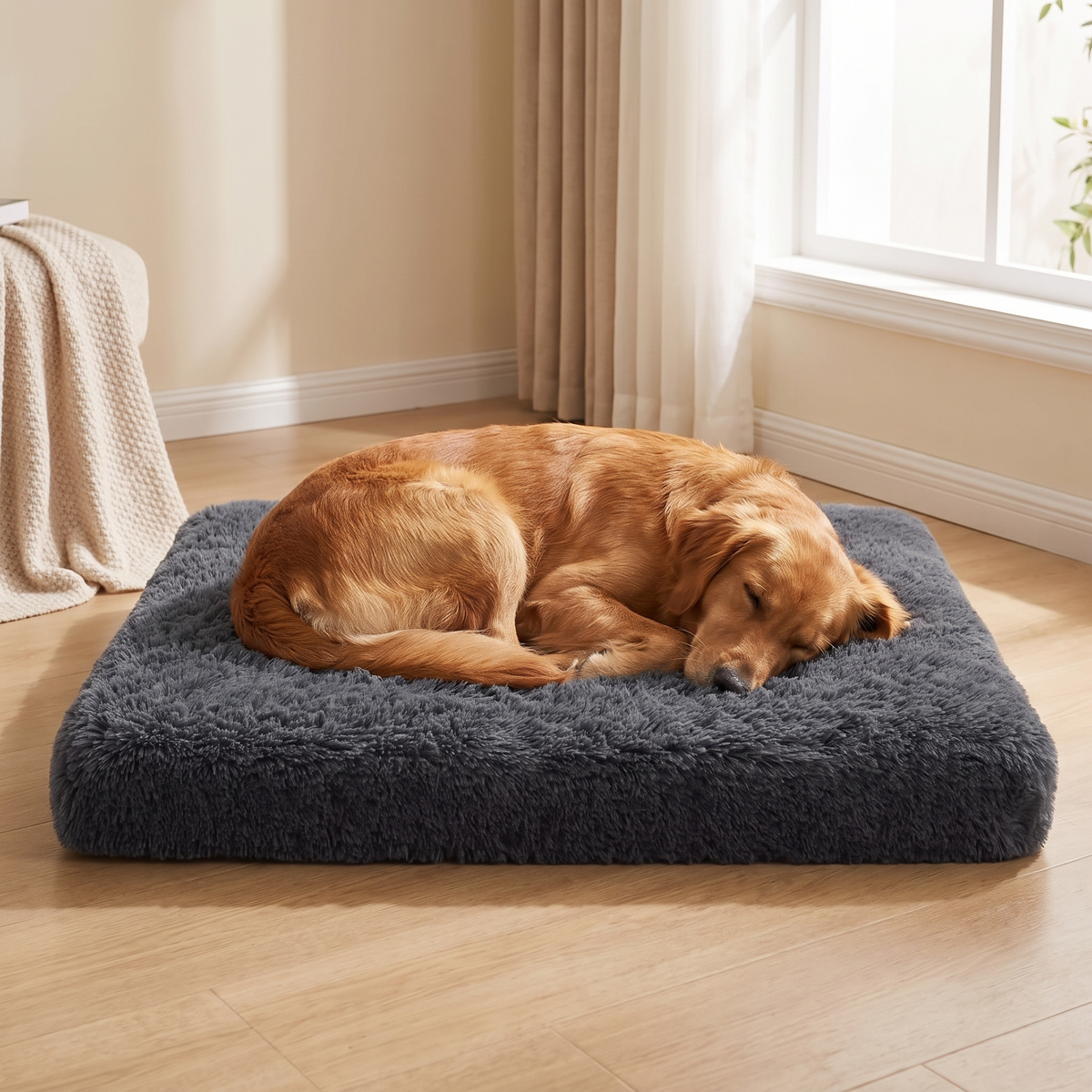 Dog asleep on the plush foam mattress