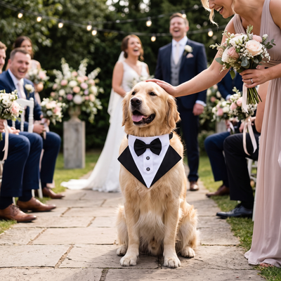Tuxedo Black & White Dog Bandana for Weddings with Bow Tie