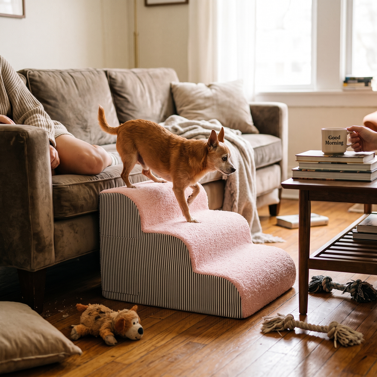 Memory Foam Pet Stairs with Non-Slip Washable Cover - Pink / M
