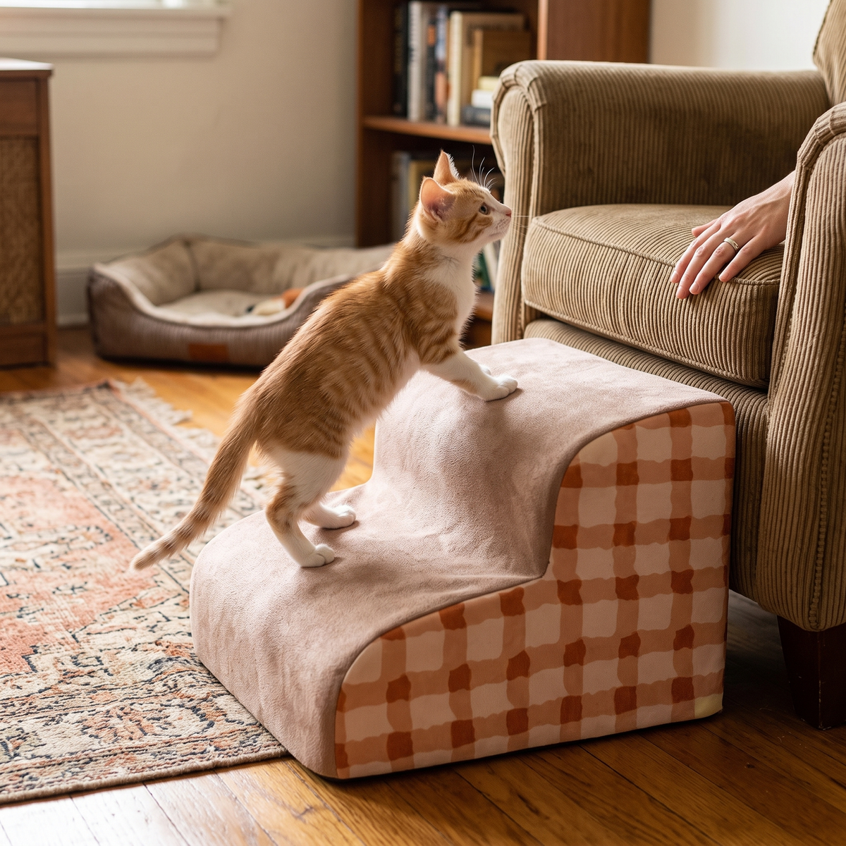 Memory Foam Pet Stairs with Non-Slip Washable Cover - Orange / S