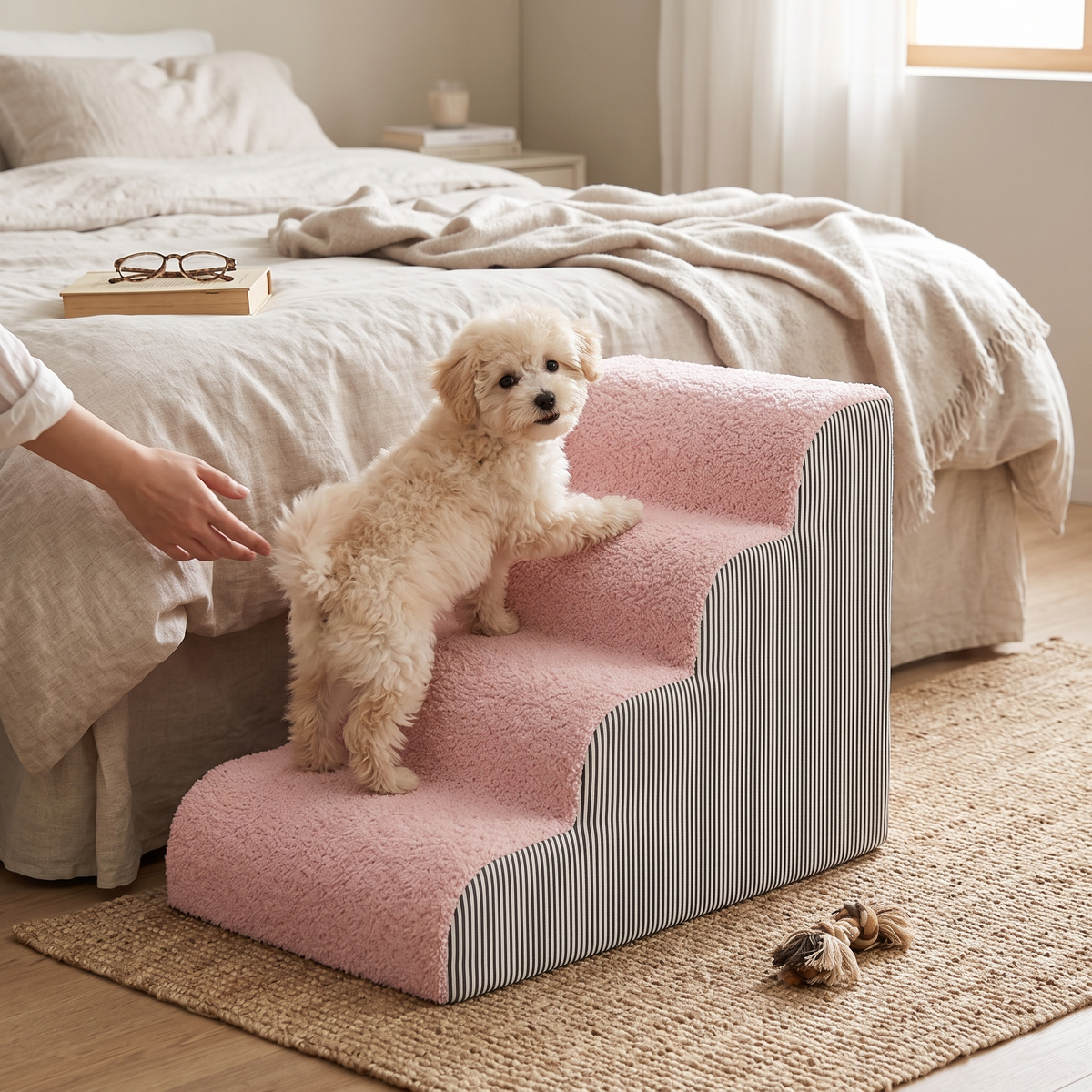 Memory Foam Pet Stairs with Non-Slip Washable Cover - Pink / L