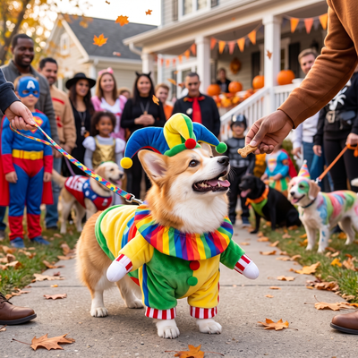 Jester Clown Dog Halloween Costume with Hat & Fake Arms