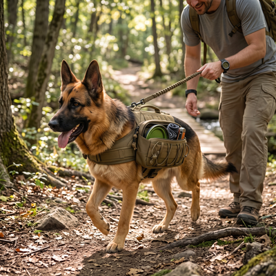 Tactical Dog Backpack Harness with Side Pouches - Khaki