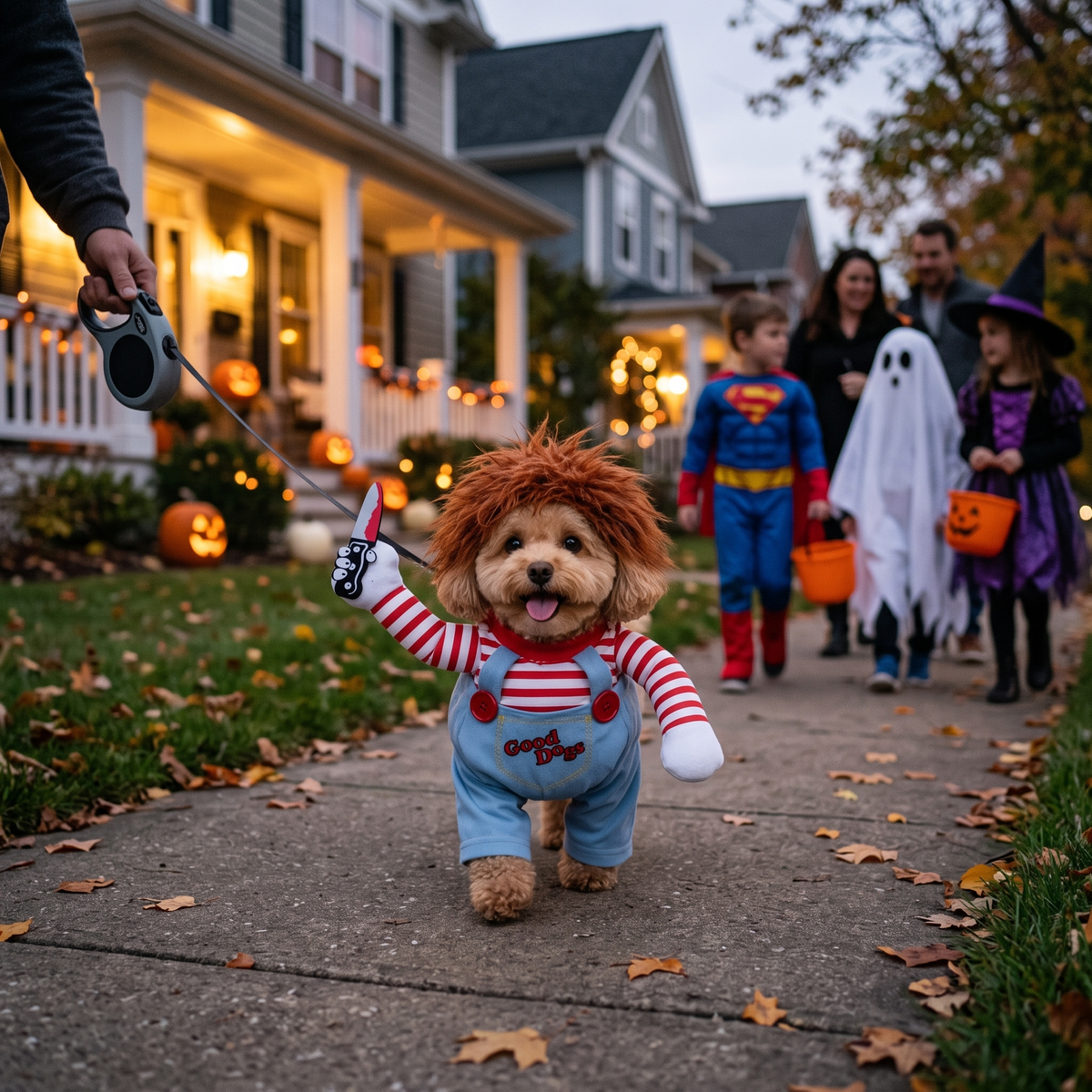 Scary Doll Dog Halloween Costume with Wig & Toy Knife
