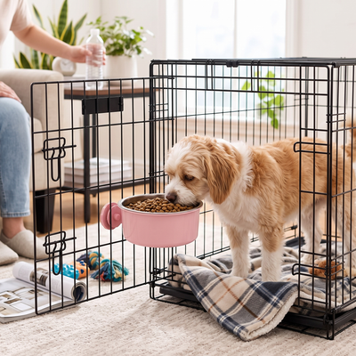 Crate-Mounted Stainless Steel Pet Bowl for Kennels - Blush Pink