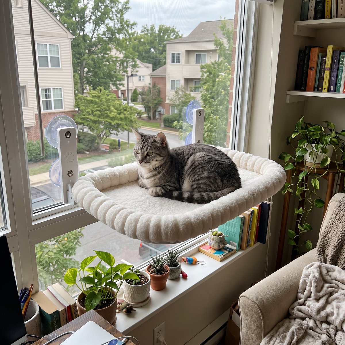 Foldable Cat Window Hammock – Striped Square Beige