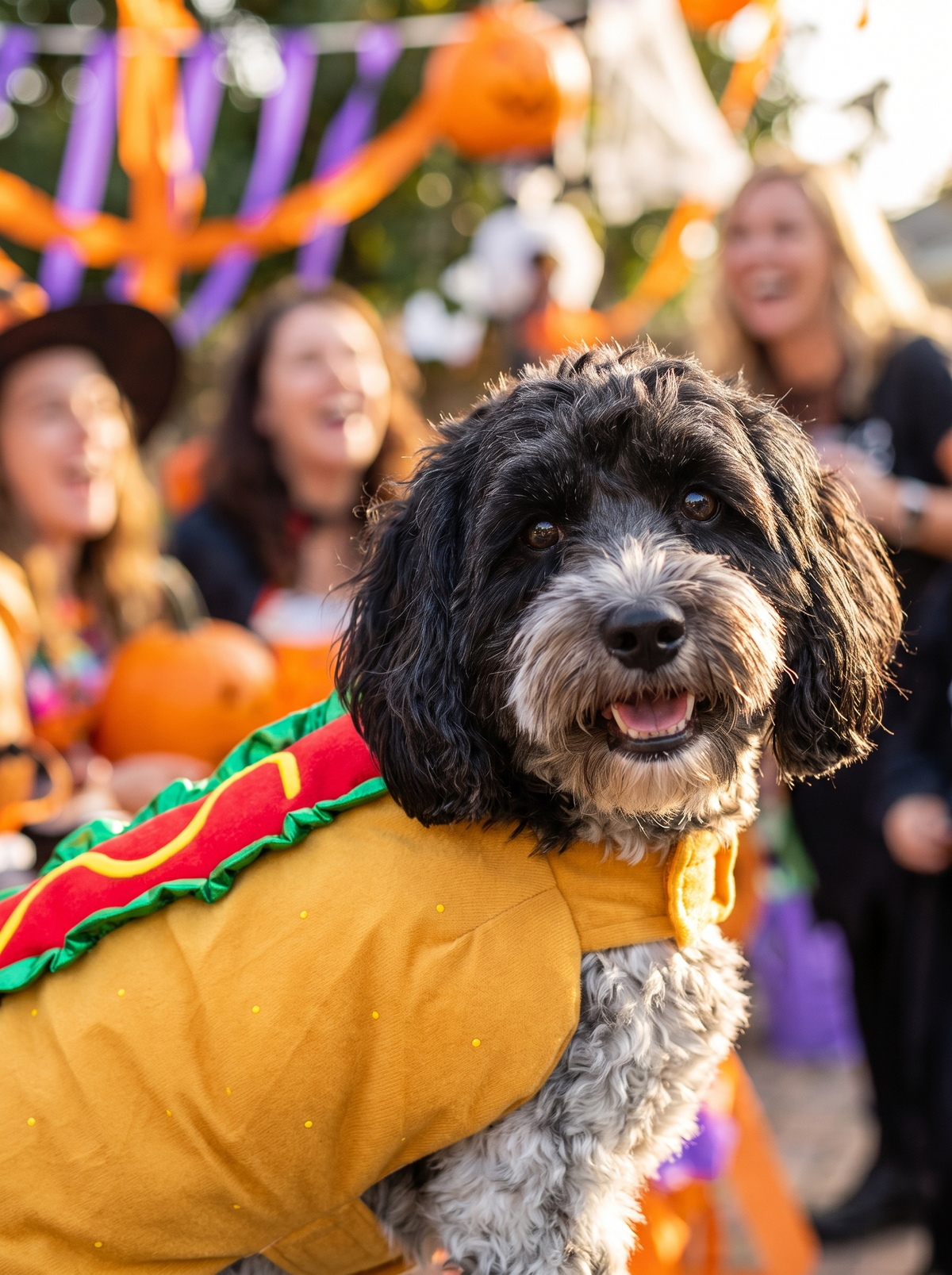 Dog wearing the hot dog costume at an outdoor Halloween party