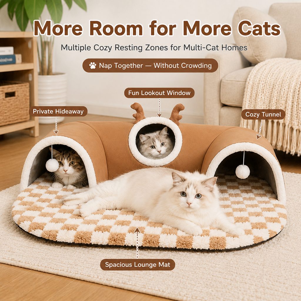 3-in-1 Multi-Cat Tunnel Bed and Play Mat for Indoor Cats